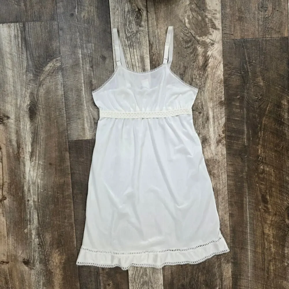 Vintage White Girls Slip Dress Lace Trim Full Slip Petticoat Size 10-12